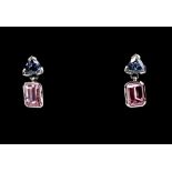 A pair of contemporary emerald cut kunzite and blue topaz drop earrings, mounted in white gold,