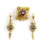 Victorian gold suite pendant/brooch with matching drop earrings, with blue star enamel and seed