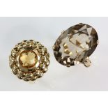 Two cocktail rings, a round checker board cut citrine ring, with double row gold frame, mount