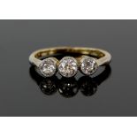 Art Deco period diamond ring set with three old cut diamonds, total diamond weight estimated at 0.80