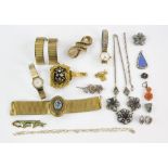 A group of costume jewellery, Victorian gilt metal and enamel bracelet, similar part bracelet, small