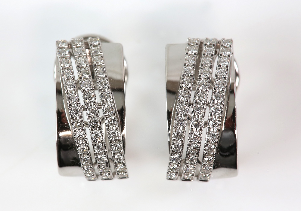 Diamond white gold earrings; each set with thirty-nine round cut diamonds set into three - Image 3 of 6