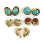 A group of vintage earrings, turquoise earrings marked 22 ct and 9 ct, carnelian earrings marked