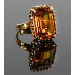 Vintage cocktail ring, rectangular step cut synthetic orange sapphire, 17 x 13mm claw set, with wire