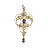 Edwardian garnet and pearl pendant, 5.3 x 2.1cm and a fancy link chain with barrel clasp, 45cm in