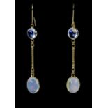 Opal and moonstone drop earrings; oval cabochon opals suspended from round cabochon moonstones,