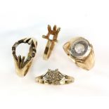 Two rings, one paste set signet ring, mount testing as 14 ct, ring size Q, diamond cluster, and