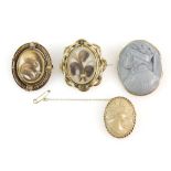 Four brooches, one Victorian on bloomed gold, with wirework detail, central swivel hairwork panel,