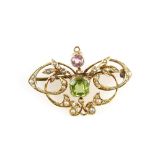 Edwardian peridot and rose quartz brooch, with scrolling seed pearl set design, pin and roll catch