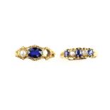 Antique sapphire and diamond set ring set with two old cut diamonds and two synthetic and one