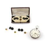 Edwardian seed pearl and onyx cufflinks, three gold shirt buttons, 9 ct and a silver pocket watch