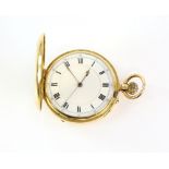 Full hunter gold Pennington & Batty pocket watch, enamel dial with Roman numerals, railway minute