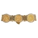 Vintage gold gate bracelet, set with three full sovereigns, 1910,1918 and 1976, heart padlock clasp,