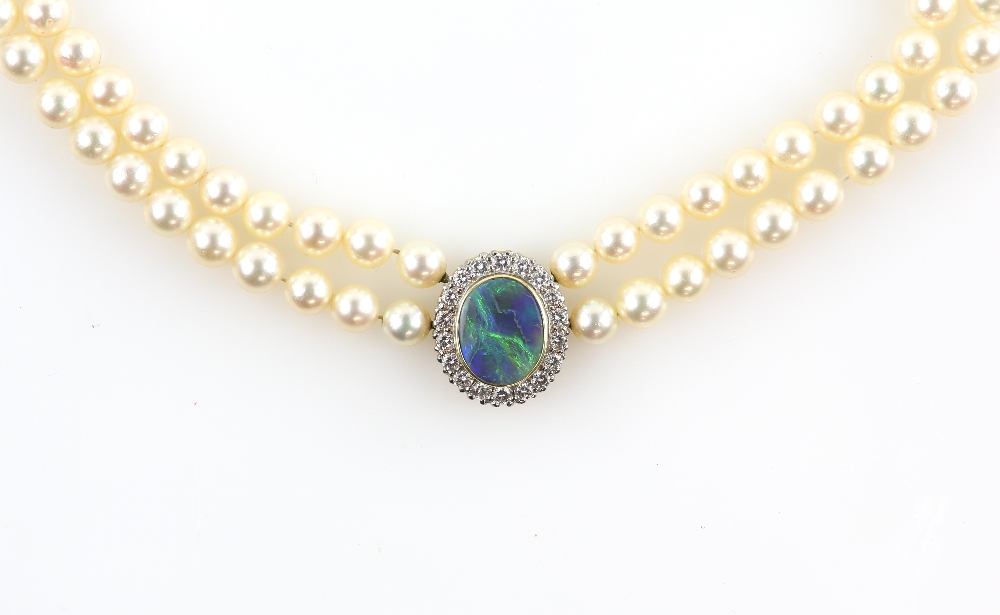 Pearl and opal diamond necklace, set with an opal triplet within a border of diamonds, estimated