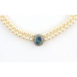 Pearl and opal diamond necklace, set with an opal triplet within a border of diamonds, estimated