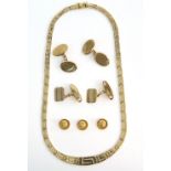 Group of gold jewellery, a Greek key pattern necklace, engraved shirt buttons, a pair of gold