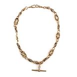Albert chain with twist link detail, stamped 9 ct, with a t-bar clasp, two swivel clasps, makers