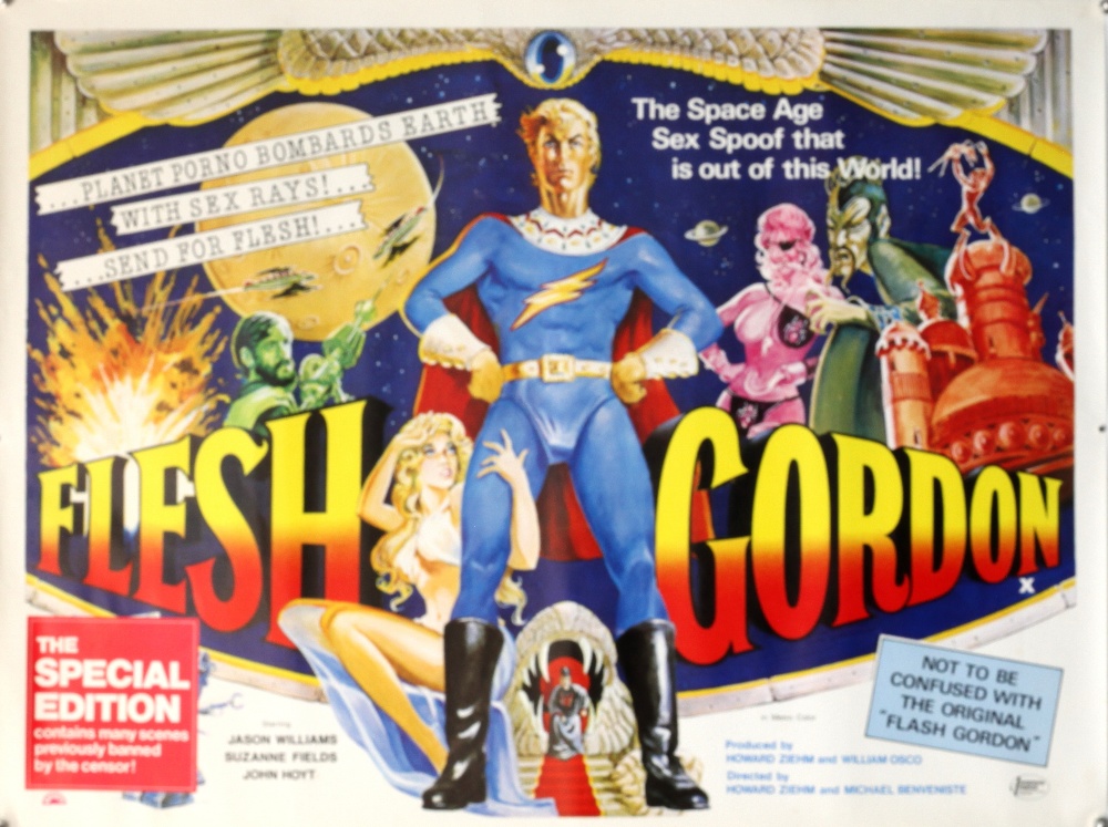 Flesh Gordon (1974) British Quad film, sex-comedy spoof, Sam Peffer artwork, rolled, 30 x 40 inches.