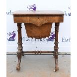 19th Century burr walnut sewing table with fitted interior above rag box on twin end supports united