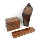 19th century candle box, 45cm high, 19th century glove box, 42cm high,mahogany hinged top box with