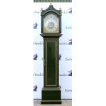 18th century green painted 8 day long case clock by Francis Greg of Covent Garden London, brass dial