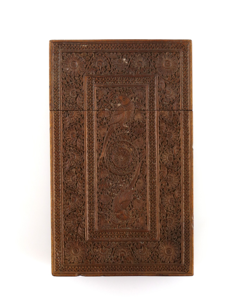 19th century Indian treen card case carved card case with birds flowers and foliage, 10.5 x 6.5