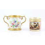 Early 19th century Bloor Derby mug painted with chickens 11cm and a Victorian two handled loving cup