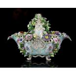 German porcelain floral encrusted basket with pierced handle and sides, white and green ground