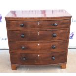 19th Century mahogany bow fronted chest of four graduated drawers to bracket base - 90 x 94 cm . .
