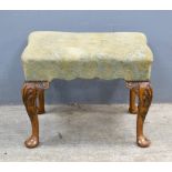 19th century walnut stool on four carved cabriole legs, 43cm x 56cm x 43cm,. .