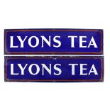 Lyons Tea enamel advertising sign, with white font on blue ground, with orange border, 18 x 68.