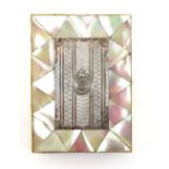 19th century diamond patterned mother of pearl card case with an engine turned silver plated