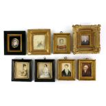 Eight various 18/19th century miniature portraits and an etching after Rembrandt of his mother (