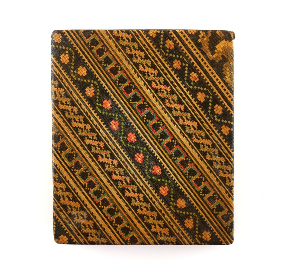 Tunbridge ware card case with flip top and banded patterned decoration, 8.5 x 7 cmsProvenance; a