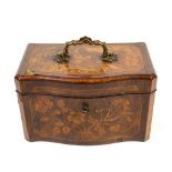 19th century walnut and floral marquetry inlaid serpentine tea caddy hinged top enclosing brass