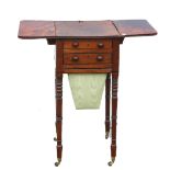 19th century mahogany work table with two drawers and bag under, on turned supports, 69cm x 50cm x