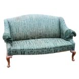 19th century mahogany framed sofa, with green upholstery, on carved cabriole legs,. .