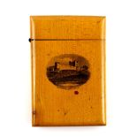 Mauchline ware card case with a panel depicting Bamborough castle, 12 x 8,5 cmsProvenance; a private