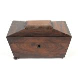 19th century rosewood sarcophagus shaped tea caddy the interior with two compartments 15x22cm . .