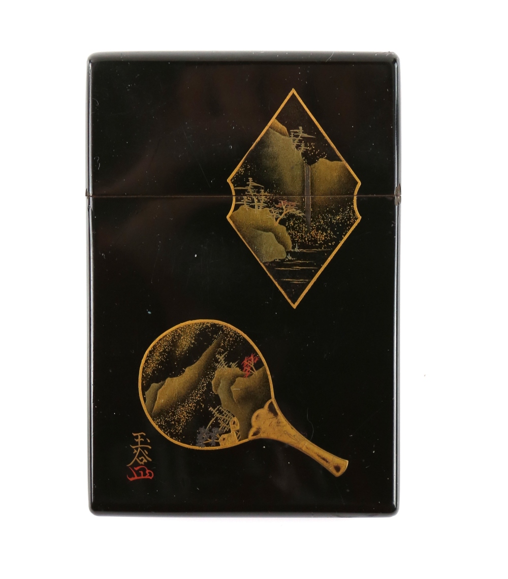 Japanese black lacquered card case with four gilt decorated landscape panels, signed, Provenance;