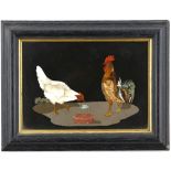 Pietra Dura plaque depicting a cockerel and hen, 13cm x 19cm,. .