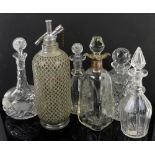 20th Century glass decanter with silver collar, hallmarked Birmingham 1931, Soda syphon and four