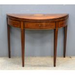 19th century mahogany demi-lune card table with shell inlaid decoration, on square tapering