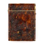 19th century moulded tortoiseshell card case both sides decorated with castles, 10 x 7.5