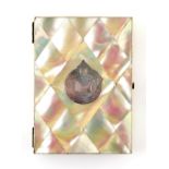 19th century diamond patterned mother of pearl card case the front inlaid with a round silvered