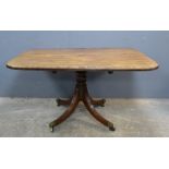 19th century mahogany rectangular tilt top breakfast table on column support to splayed legs 102cm x