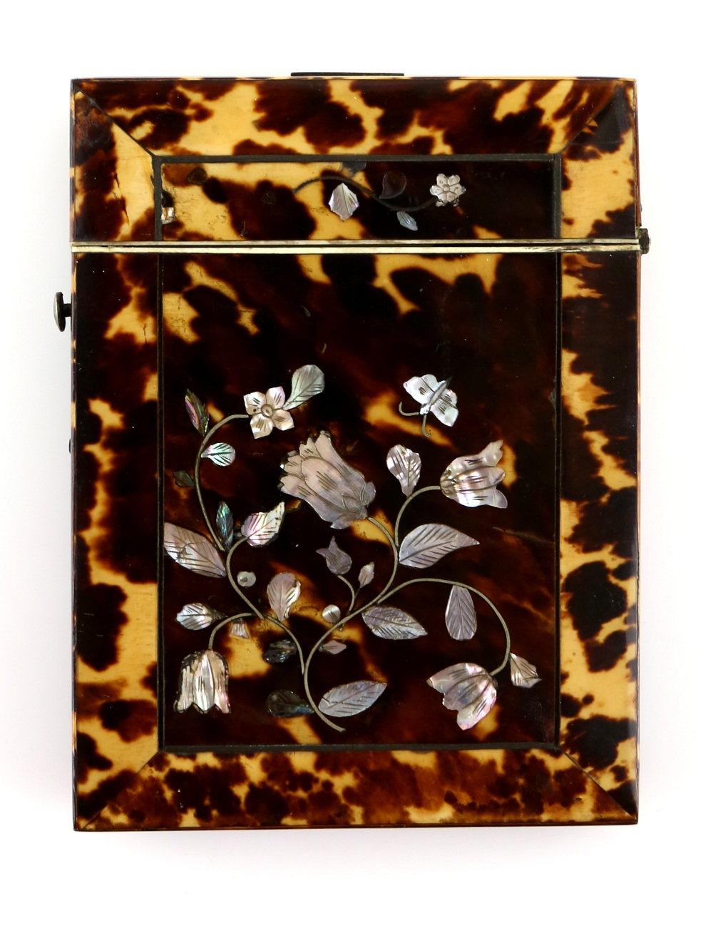19th century tortoiseshell card case with inlaid silvered decoration of flowers and foliage, 10.5