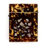 19th century tortoiseshell card case with inlaid silvered decoration of flowers and foliage, 10.5