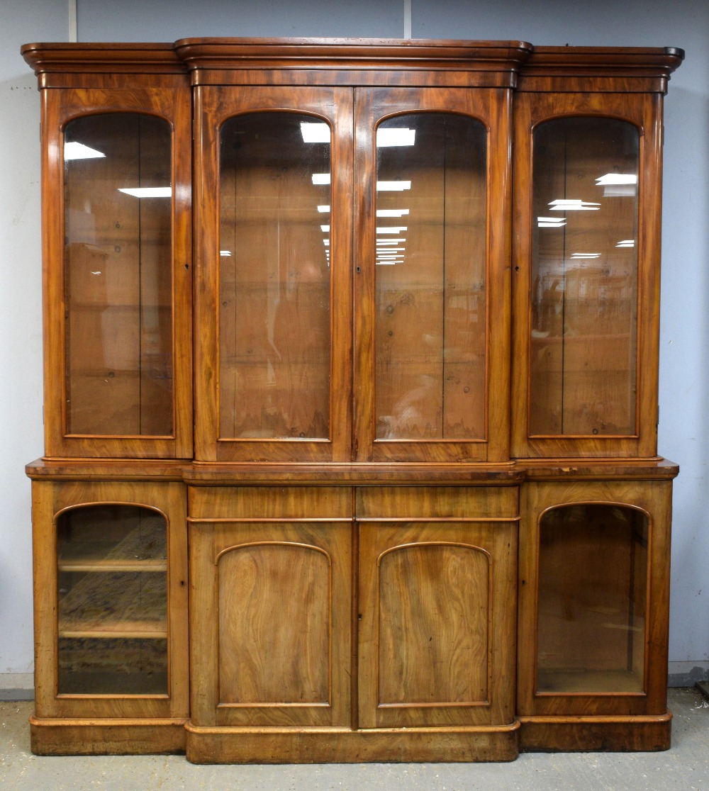 Victorian mahogany breakfront bookcase cabinet with glazed doors over glazed and panelled doors on - Image 2 of 2