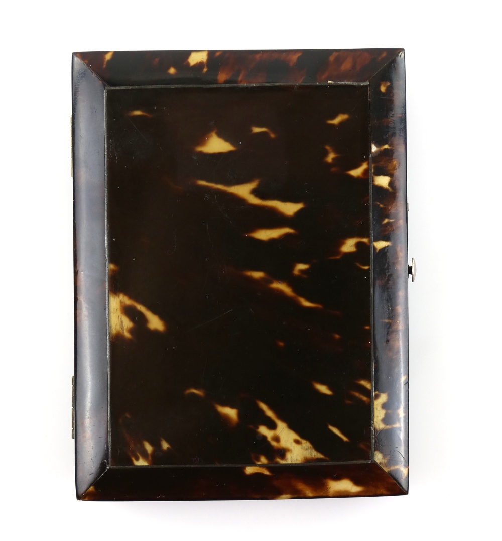 19th century tortoiseshell card case with silvered metal inlay, depicting a kingfisher by a stream - Image 2 of 2